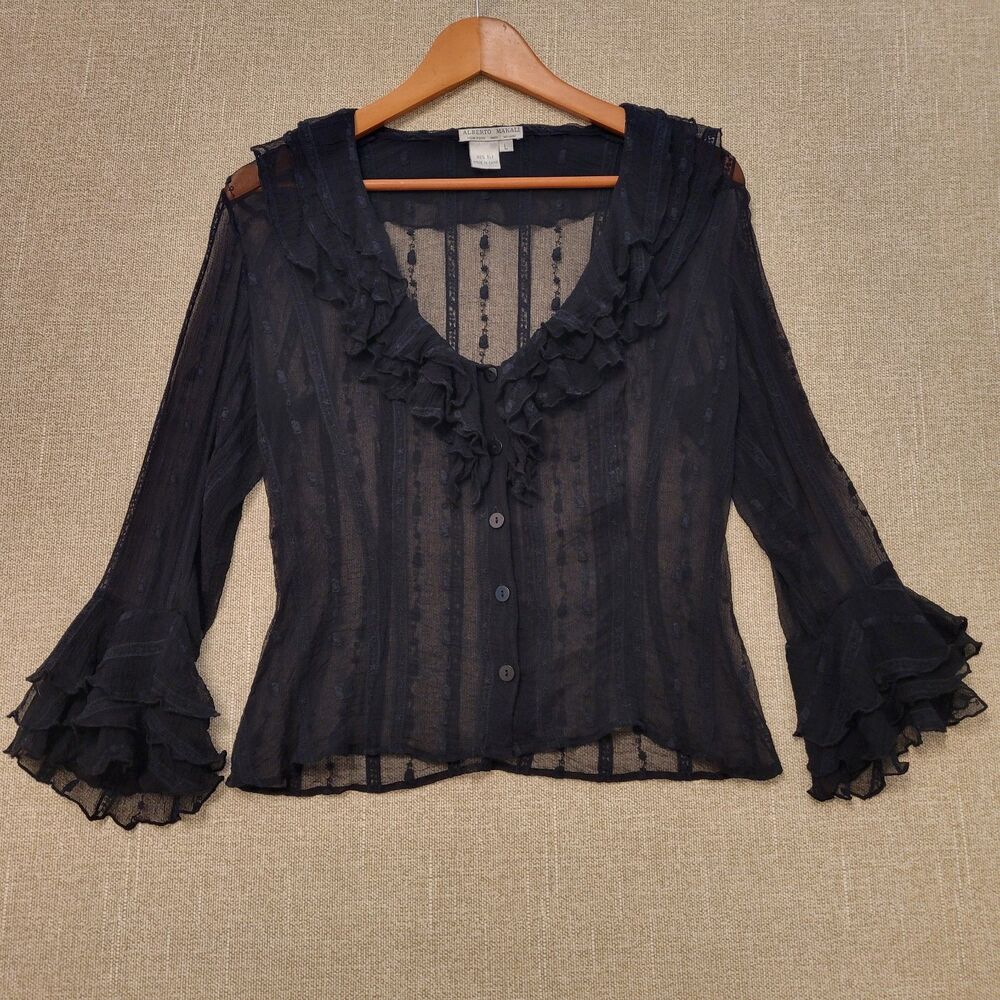 ALBERTO MAKALI Black Silk Lace Ruffle Blouse